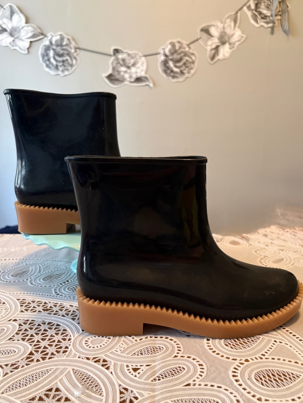 Melissa Black Glossy Ankle Rain Boots with Tan Soles. Waterproof!